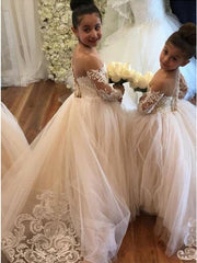 Princesa de encaje blanco vestidos de niña de flores de manga larga con bowknot