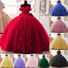 Vestidos de quinceañera rojos con hombros descubiertos florales en 3D 2024 Vestidos dulces 16