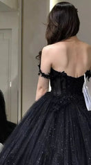 A Line Black Gothic Wedding Dresses Off the Shoulder Lace Tulle Bridal Wear MyChicDress