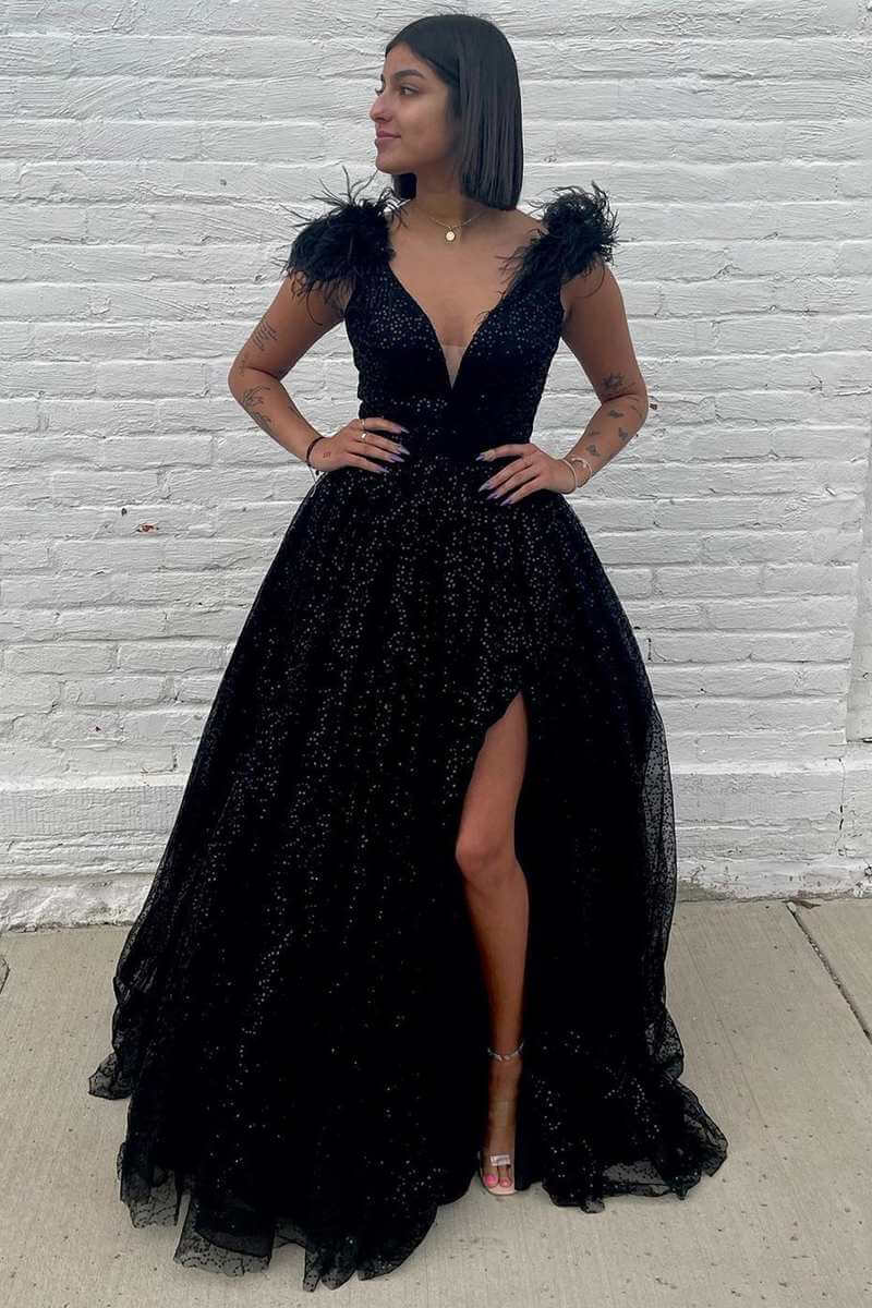 A Line Black Prom Dresses 2024 Sequin Feathers Graduation Dress with split MyChicDress