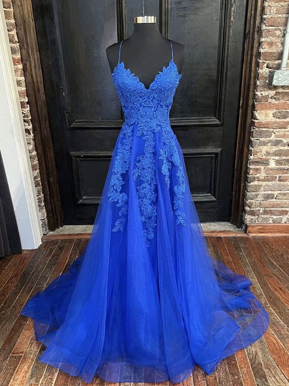 A Line Blue Lace Prom Dresses 2025 Cheap V Neck Formal Dresses MyChicDress