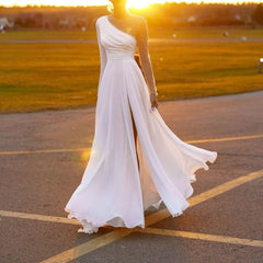 A Line Chiffon Pearls Long Sleeve Beach Wedding Dresses White MyChicDress