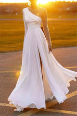 A Line Chiffon Pearls Long Sleeve Beach Wedding Dresses White MyChicDress