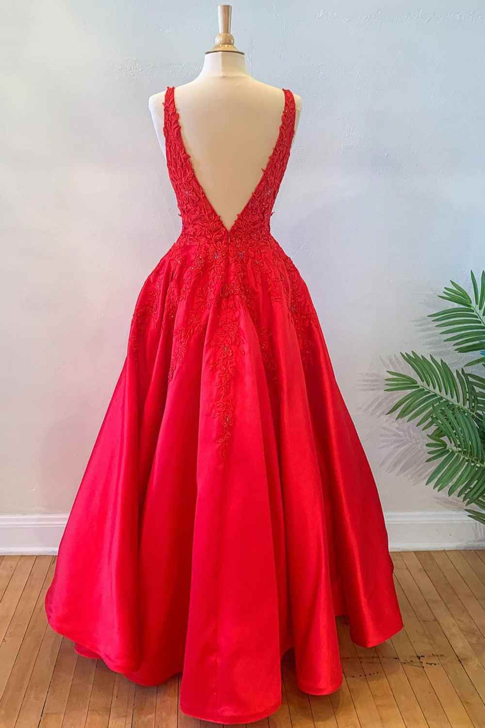 A-Line Floor Length Princess Red Long Formal Dresses Lace Floral V Neck MyChicDress