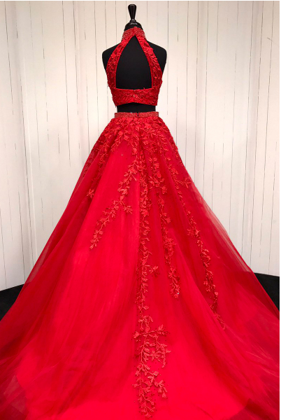 A Line Halter Lace Red 2 Piece Prom Dresses Tulle Evening Gown MyChicDress