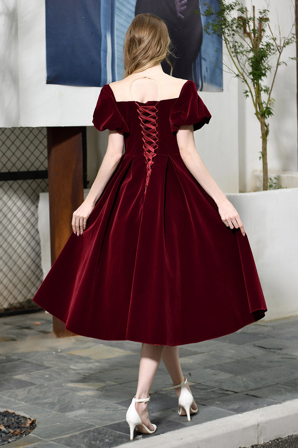 A Line Jewel Velvet Wine Prom Dresses Short Sleeves MyChicDress