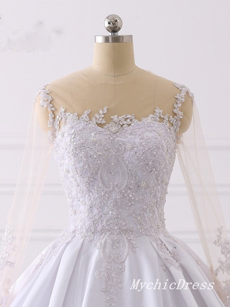 A Line Lace Applique Satin Wedding Dresses Long Sleeves with Button MyChicDress