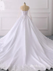 A Line Lace Applique Satin Wedding Dresses Long Sleeves with Button MyChicDress