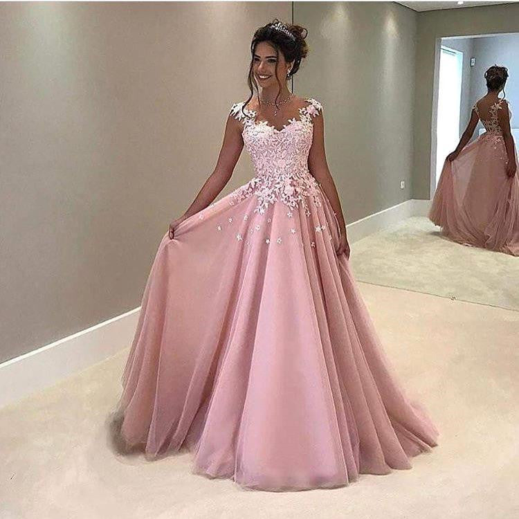 A-Line Lace Pink Prom Dresses V-Neck Cap-Sleeves Dresses - MyChicDress