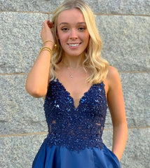 A Line Lace Satin Royal Blue Prom Dresses V Neck Spaghetti Straps MyChicDress