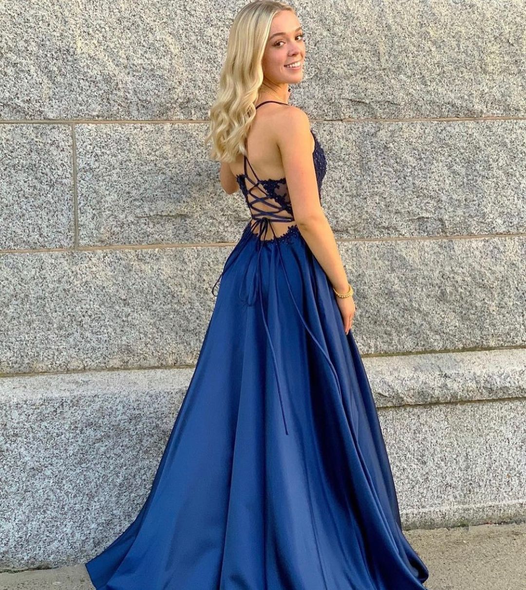 A Line Lace Satin Royal Blue Prom Dresses V Neck Spaghetti Straps MyChicDress