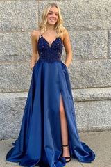 A Line Lace Satin Royal Blue Prom Dresses V Neck Spaghetti Straps MyChicDress