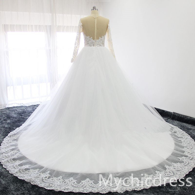 A Line Lace Tulle Ivory Vintage Wedding Dresses with Sleeves MyChicDress