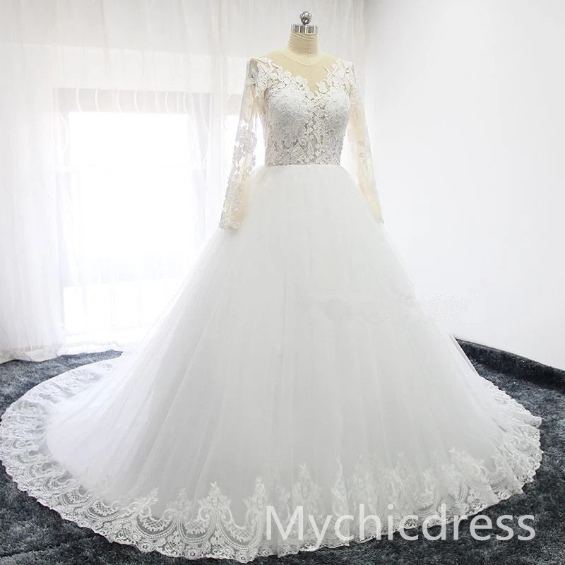 A Line Lace Tulle Ivory Vintage Wedding Dresses with Sleeves MyChicDress