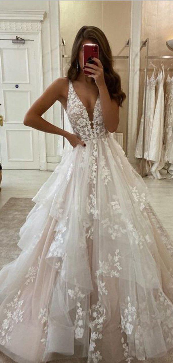 A Line Lace Vintage Wedding Dresses V Neck Sleeveless Bridal Gown MyChicDress