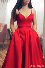 A Line Red Satin Prom Dresses 2025 Spaghetti Straps V Neck Long Evening Gown MyChicDress