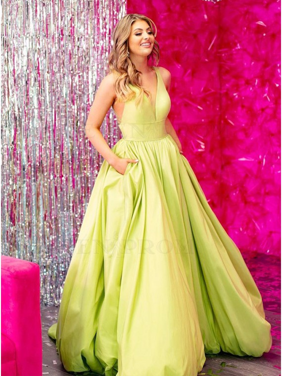 A Line Satin Yellow Prom Dresses Long V Neck with Pockets MyChicDress