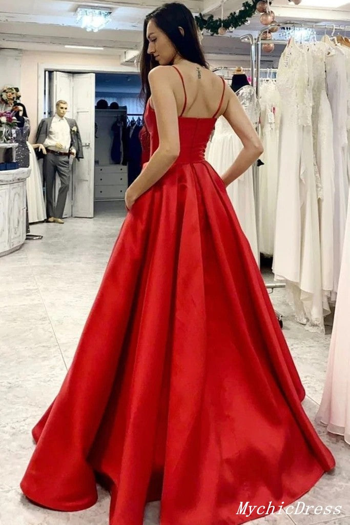 A Line Simpe Red Prom Dresses V Neck Long Evening Formal Dress MyChicDress