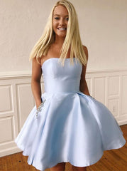 A Line Sky Blue Short Homecoming Dresses Strapless Pockets MyChicDress