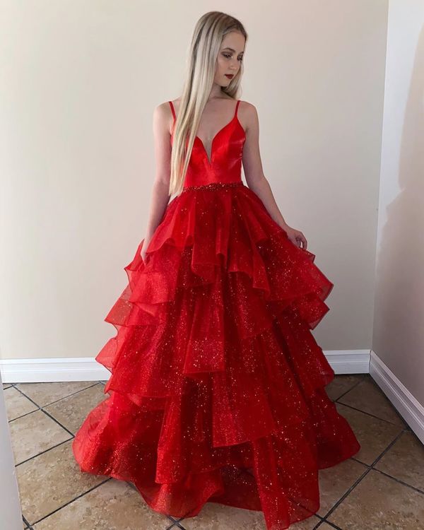 A Line Sparkly Ball Gown Red Prom Dresses 2025 Ruffled Tulle Formal Dress MyChicDress