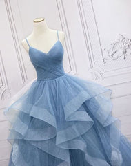 A Line Sparkly Blue Evening Dresses Tulle Prom Dresses Spaghetti Straps MyChicDress