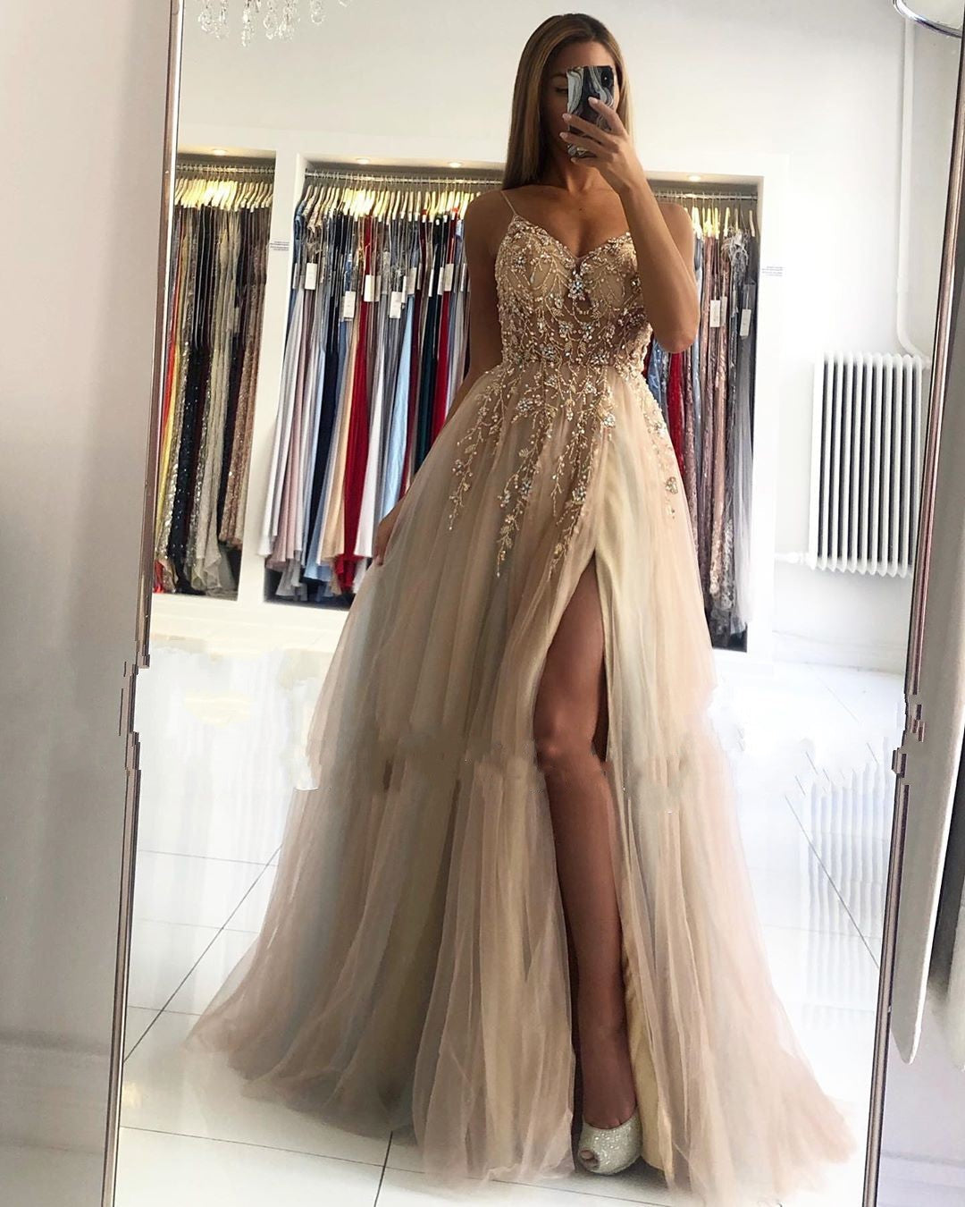 A Line V Neck Champagne Prom Dresses Beading Spaghetti Straps MyChicDress