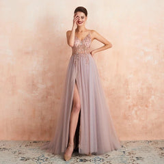 A Line V Neck Champagne Prom Dresses Beading Spaghetti Straps MyChicDress