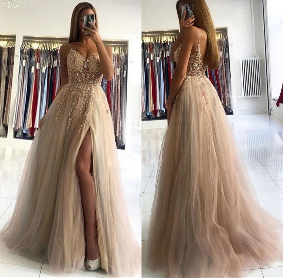 A Line V Neck Champagne Prom Dresses Beading Spaghetti Straps MyChicDress