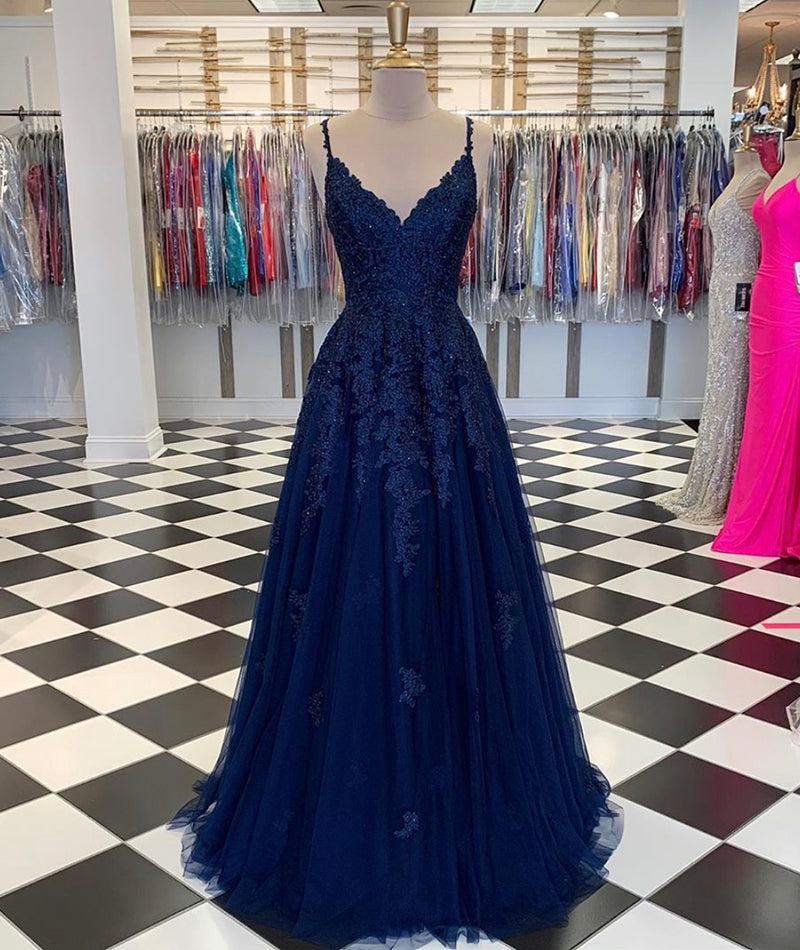 A Line V Neck Navy Blue Prom Dresses 2025 Lace Cheap Formal Dresses MyChicDress