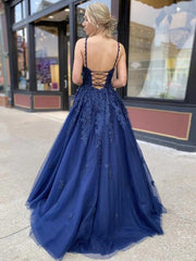 A Line V Neck Navy Blue Prom Dresses 2025 Lace Cheap Formal Dresses MyChicDress