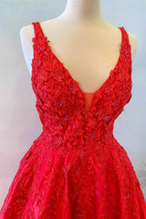 Corte A Hasta el Suelo Princesa Rojo Vestidos formales largos Encaje Floral Cuello en V