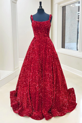 Una línea de vestidos de quinceañera de lentejuelas rojas, cuello cuadrado, vestidos largos de fiesta sin espalda
