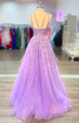 A-line Lilac Tulle 2025 Prom Dresses Violet V-neck Formal Evening Dresses UK MyChicDress