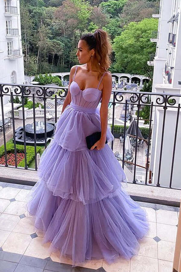 A-line Tulle Tiered Prom Dresses Purple Spaghetti Straps Long Formal Dress