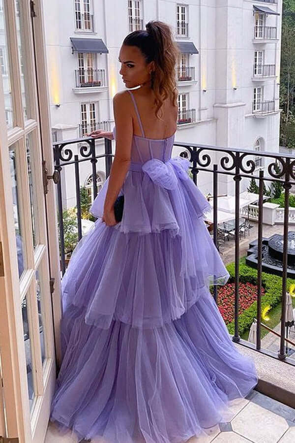 A-line Tulle Tiered Prom Dresses Purple Spaghetti Straps Long Formal Dress