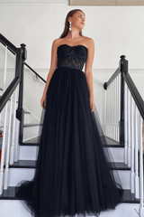 Una línea de encaje negro 2024 vestido de fiesta de tul sin tirantes vestidos formales largos Reino Unido