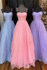 Una línea de vestidos de fiesta brillantes de color lila 2024 Vestido formal largo de tul con tirantes finos