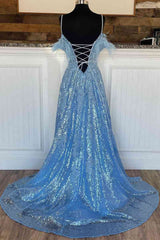 Una línea fuera del hombro 2024 Azul Vestidos de fiesta de talla grande Pluma de lentejuelas con hendidura
