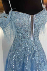 Una línea fuera del hombro 2024 Azul Vestidos de fiesta de talla grande Pluma de lentejuelas con hendidura