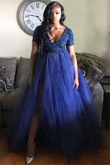 Una línea de lentejuelas de tul de talla grande vestidos de fiesta vestido formal de cintura alta azul real