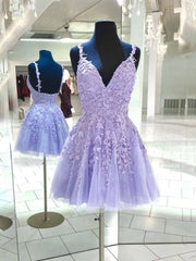Una línea de cuello en V púrpura 2024 vestido de fiesta vestido de graduación corto de encaje barato