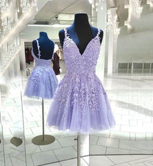 Una línea de cuello en V púrpura 2024 vestido de fiesta vestido de graduación corto de encaje barato