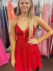Una línea de cuello en V vestidos de fiesta rojos Vestidos de fiesta de encaje