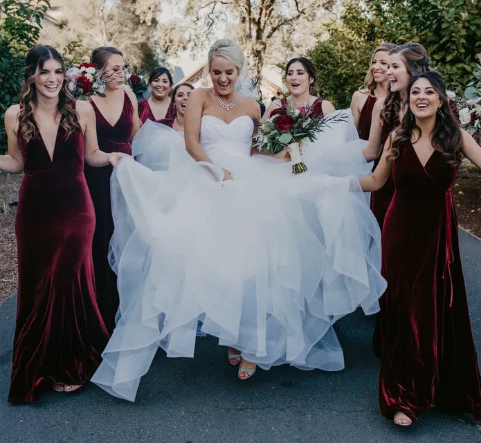 Affordable Winter Burgundy Velvet Bridesmaid Dresses UK V Neck Sleeveless MyChicDress