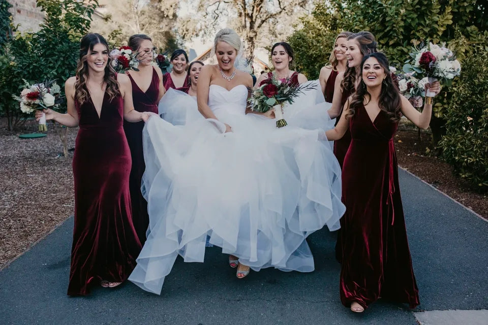 Affordable Winter Burgundy Velvet Bridesmaid Dresses UK V Neck Sleeveless MyChicDress