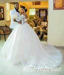 African Wedding Dresses Lace Half Sleeves Applique Ball Gown Bridal Gowns MyChicDress