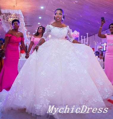 African Wedding Dresses Lace Half Sleeves Applique Ball Gown Bridal Gowns MyChicDress