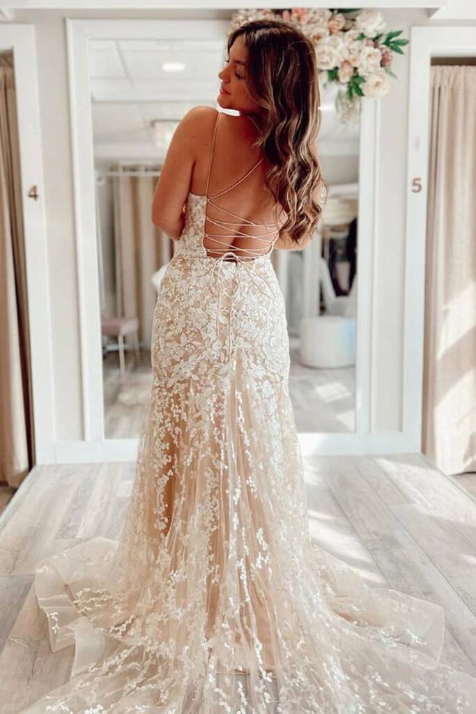 Backless 2024 Lace Long Prom Dress Champagne Square Graduation Dress Mermaid MyChicDress