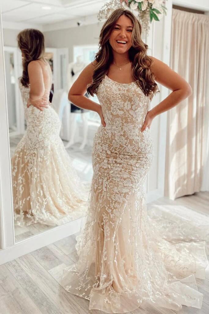 Backless 2024 Lace Long Prom Dress Champagne Square Graduation Dress Mermaid MyChicDress