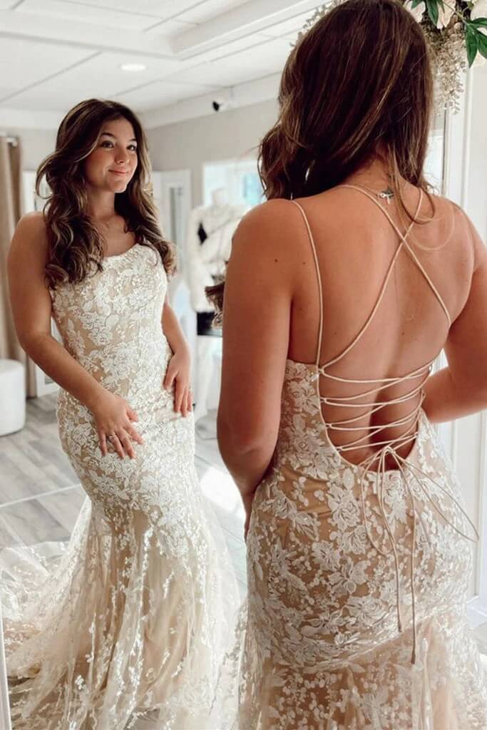 Backless 2024 Lace Long Prom Dress Champagne Square Graduation Dress Mermaid MyChicDress